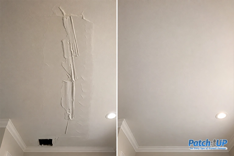 poor drywall ceiling repair and a smooth professional drywall repair by PatchitUP in Nassau County