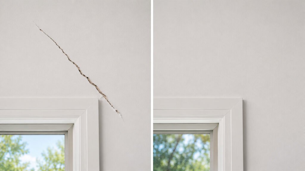 Before and after drywall crack repair above a window frame, cracked wall left, smooth wall right