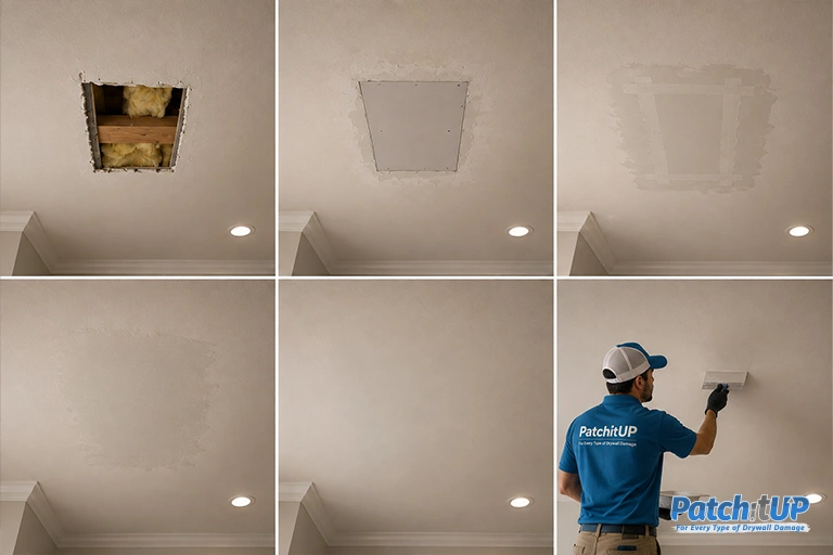 large drywall ceiling repair completed by a PatchitUP technician in Nassau County