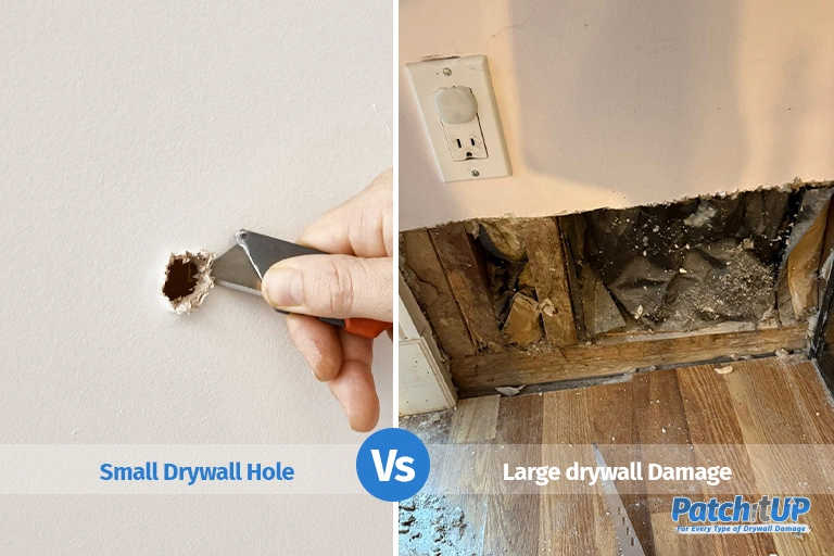 small drywall hole and large drywall water damage in a Nassau County home