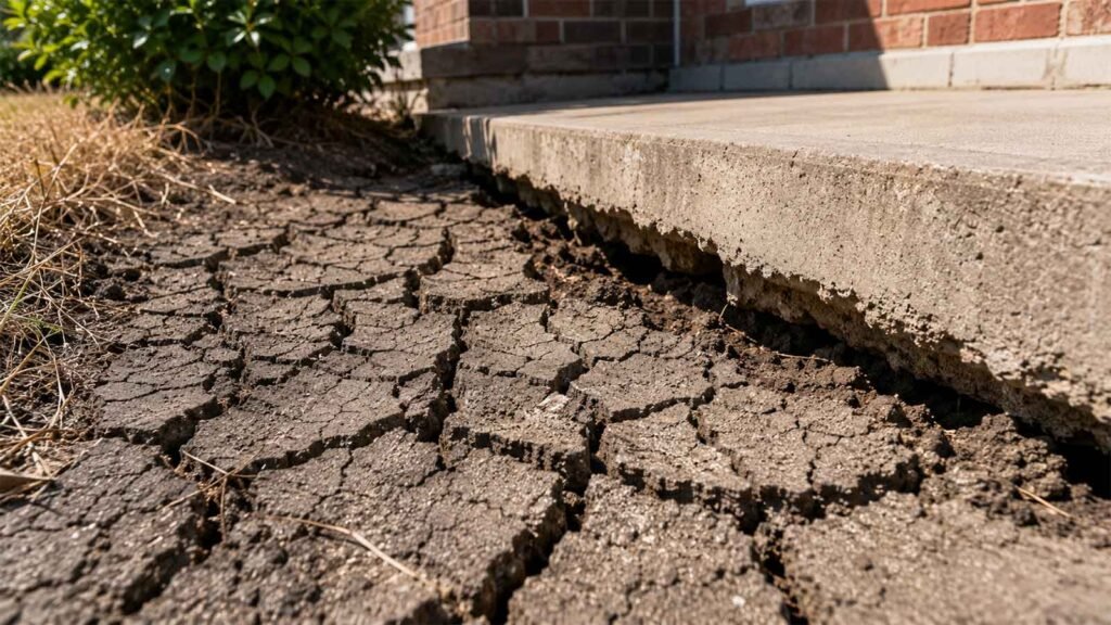 Dried cracked clay soil pulling away from a brick home's concrete slab foundation in North Texas