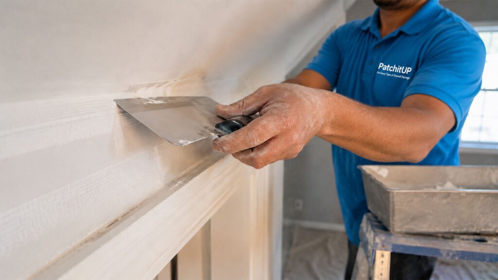 PatchitUP technician smoothing joint compound over a taped drywall seam above a window frame