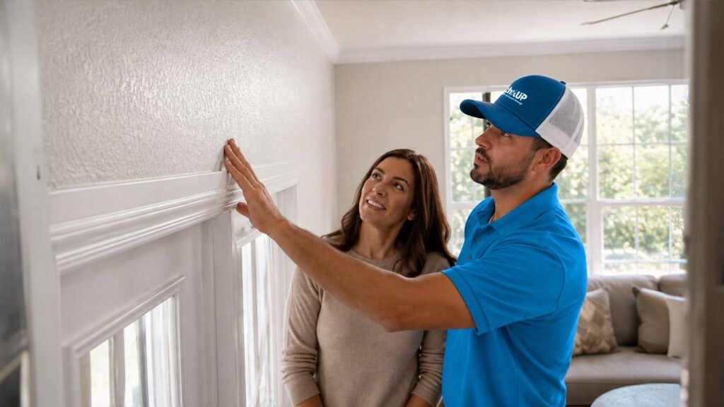 PatchitUP technician showing a homeowner a smooth repaired wall above a window in Saginaw TX