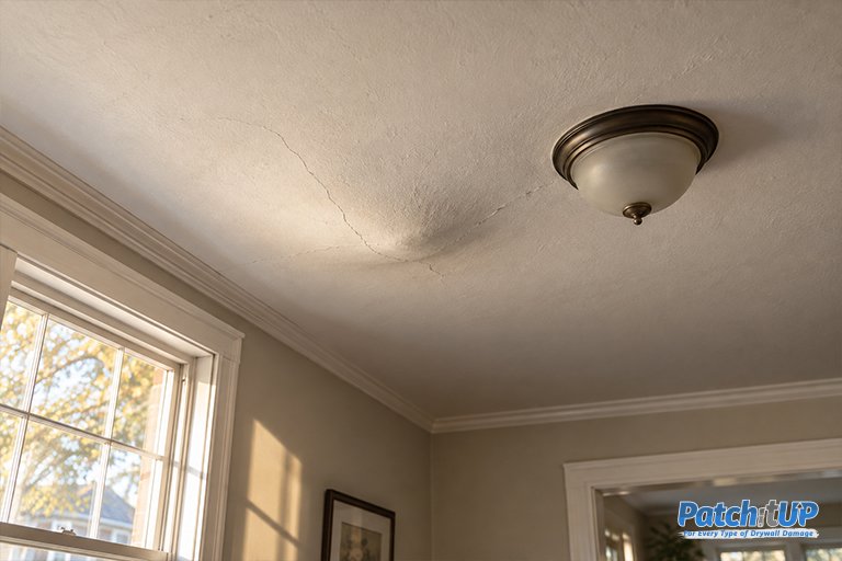 Sagging plaster ceiling in a Charlotte, NC home Sagging ceiling before plaster repair in a Charlotte, NC bungalow