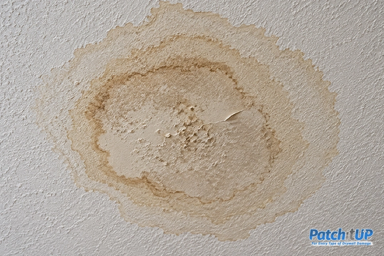 Concentric brown tide lines in a ceiling water stain from a repeat leak