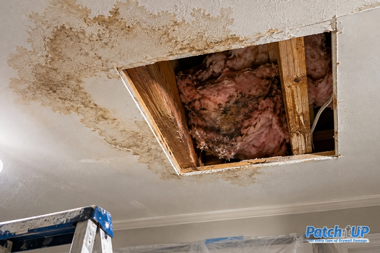 Square of soaked ceiling drywall cut away to expose wet attic insulation