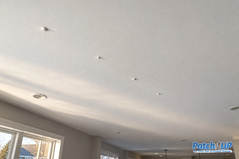 Drywall nail pops in a new Nashville home Drywall nail pops on a white ceiling in a new Nashville home