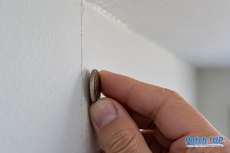 Using a quarter to gauge a drywall crack A quarter held next to a hairline crack to check its width