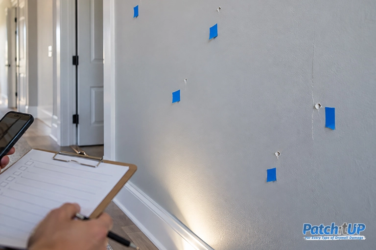Marking drywall flaws for a builder warranty list Painter's tape marking small wall flaws before a warranty walkthrough