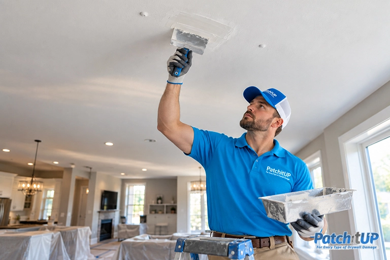Drywall nail pop repair by PatchitUP of Nashville Technician finishing a ceiling nail pop repair in a Nashville home